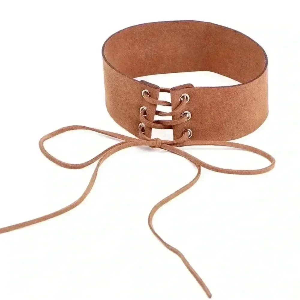 Faux Suede Leather Lace Up Corset Choker Necklace Jewelry Pink Blush & Brown